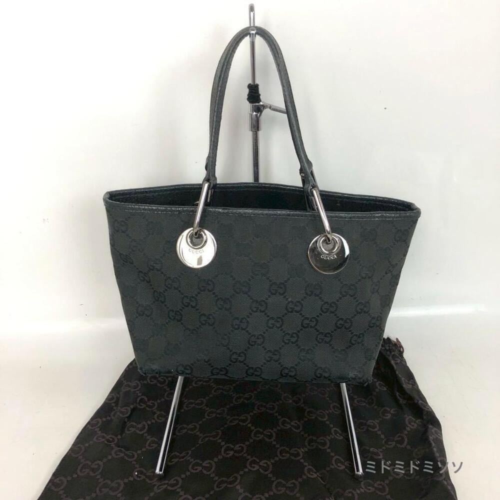 GUCCI Eclipse Black GG Canvas Tote Bag Handbag Leather Black Silver